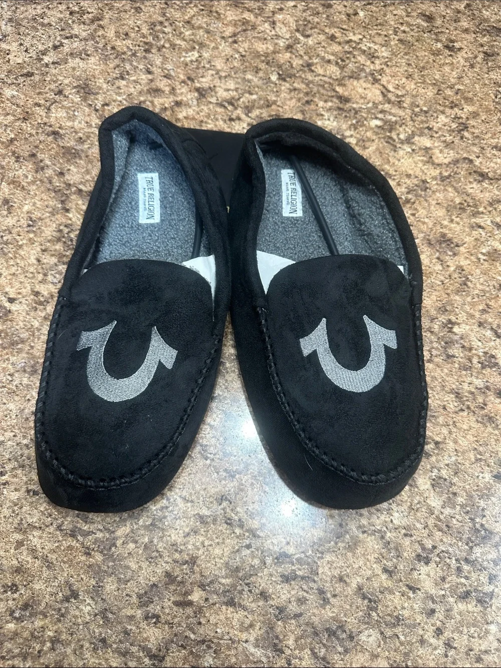 NWT True Religion Black Faux Suede Logo Loafers Slippers Large (11-12)